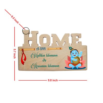 Personalized Lord Krishna Theme Wooden Name Plate For Home Entrance, Flat & Office  Laddu Gopal Wall Decor for Main Door Custom With Name & Flat Number